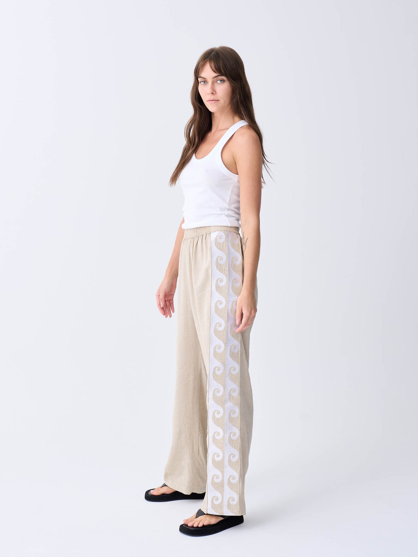 Embroidered Wave Linen Racer Pant - Oat