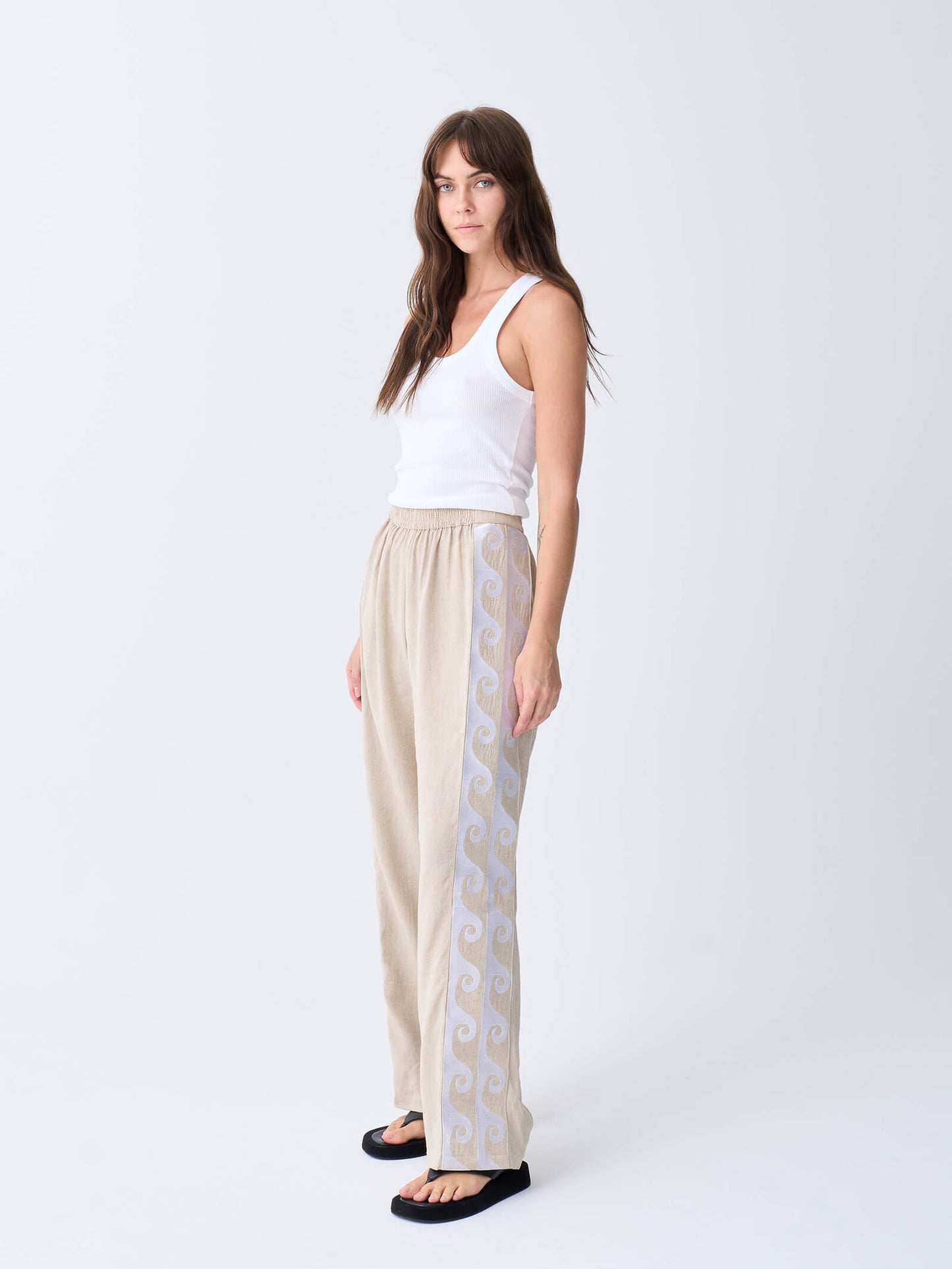 Embroidered Wave Linen Racer Pant - Oat