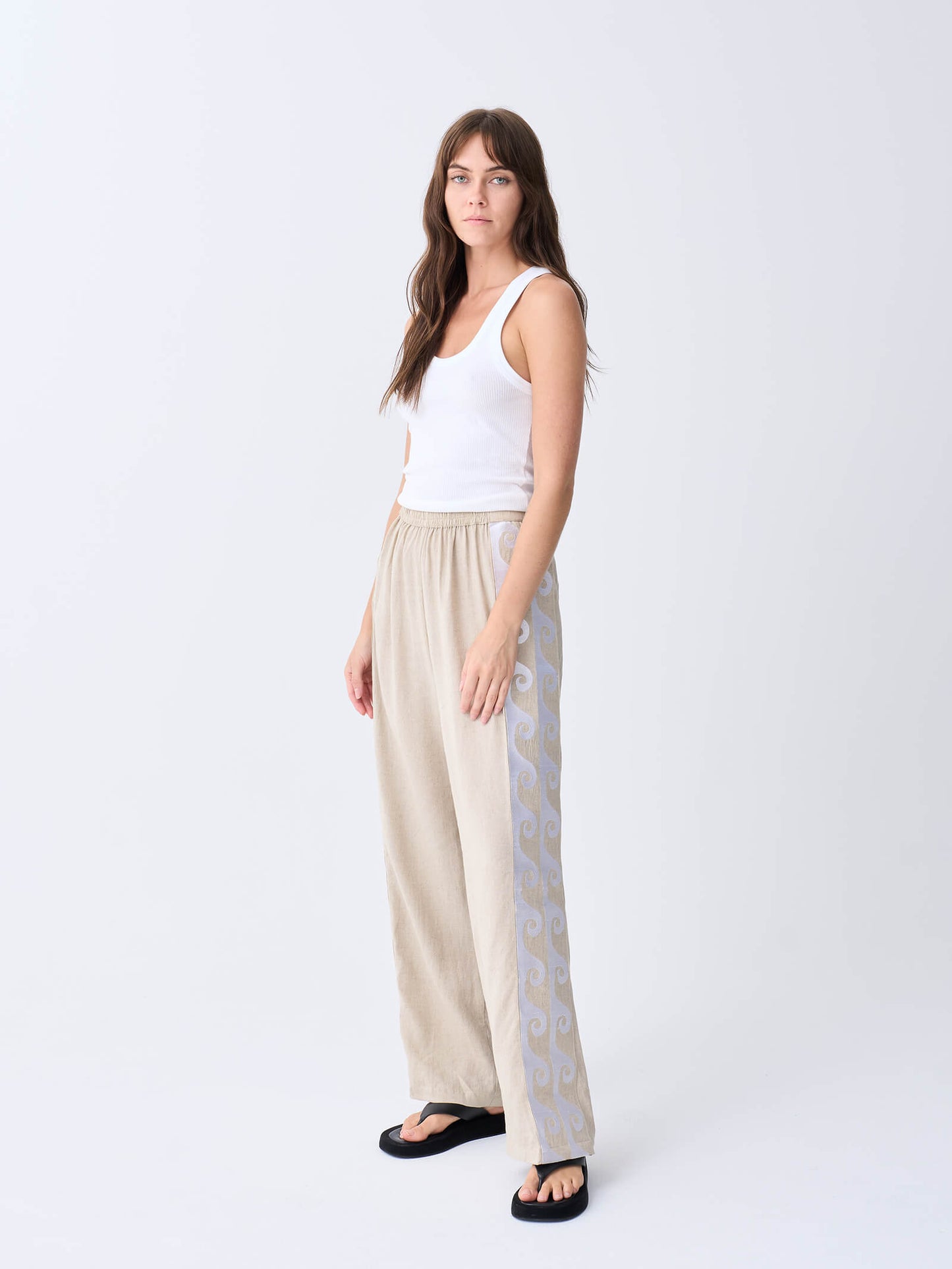 Embroidered Wave Linen Racer Pant - Oat