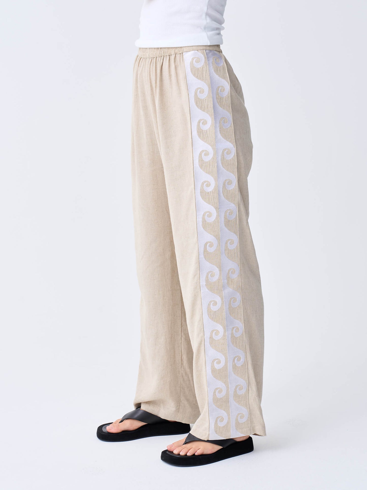 Embroidered Wave Linen Racer Pant - Oat