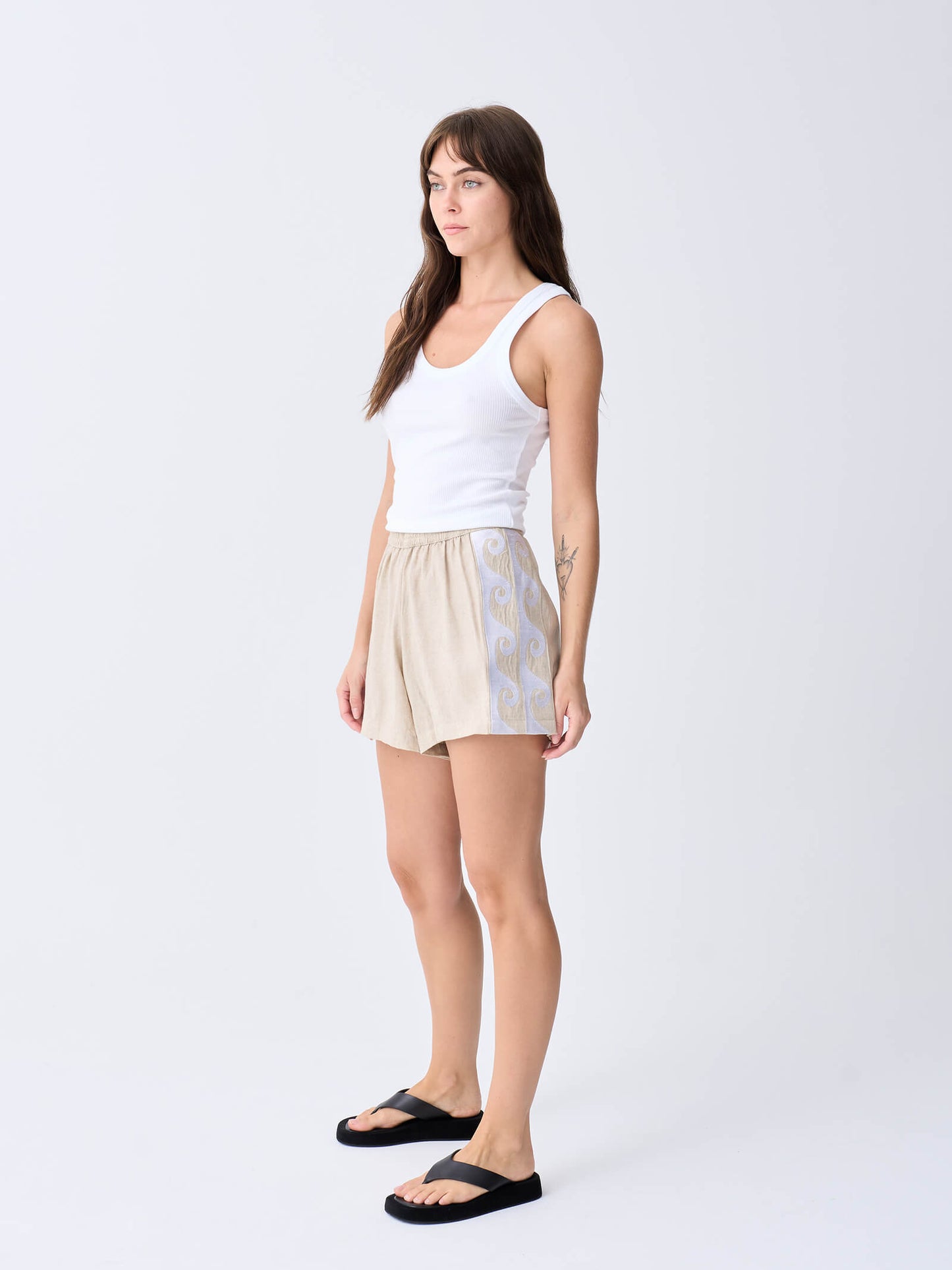 Embroidered Wave Linen Racer Short - Oat