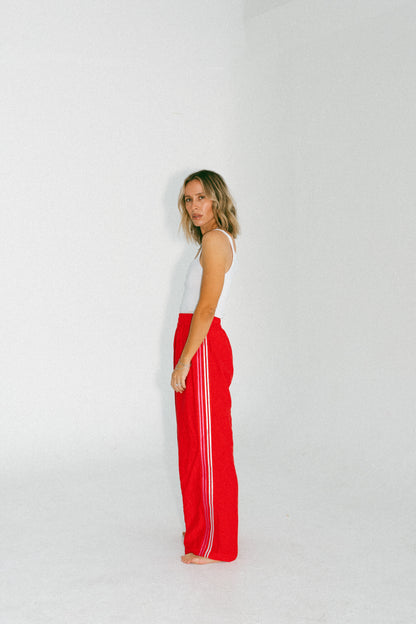 Embroidered Linen Racer Pant - Red