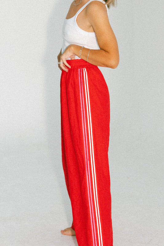 Near The Sea - Embroidered Linen Racer Pant - Red