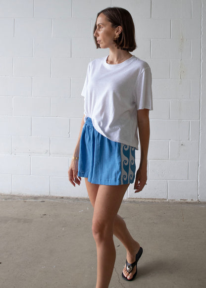 Embroidered Wave Linen Racer Short - Lagoon