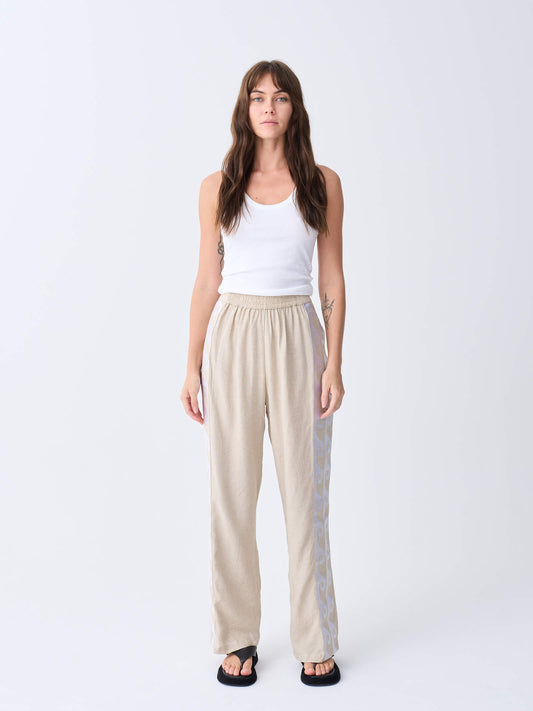 Embroidered Wave Linen Racer Pant - Oat