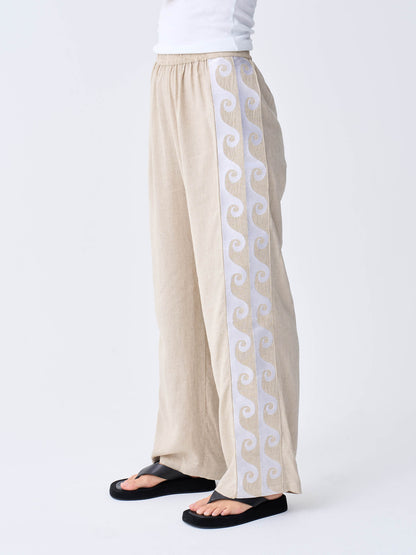 Embroidered Wave Linen Racer Pant - Oat