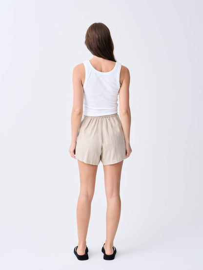 Embroidered Wave Linen Racer Short - Oat
